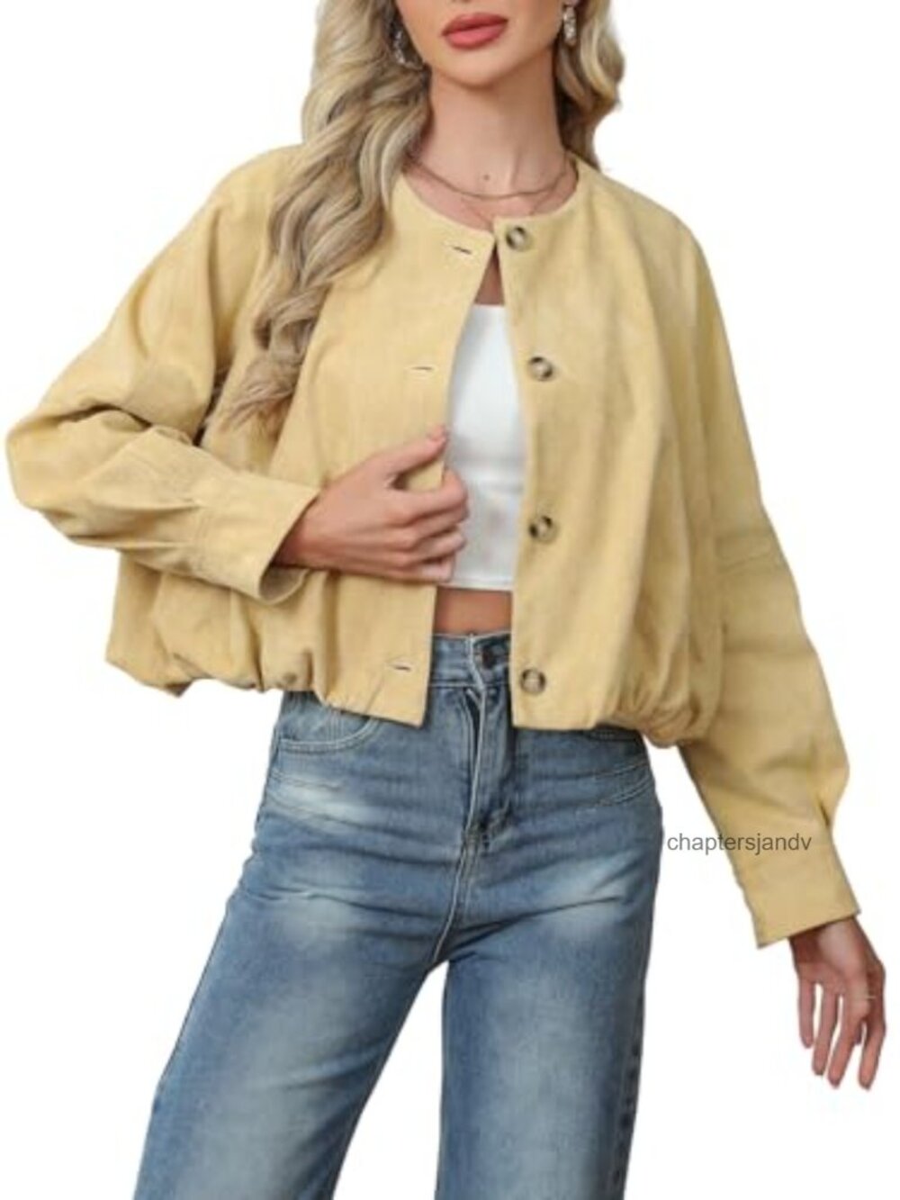 Faux Suede Cropped Bomber Jacket Collarless Button Up Oversized